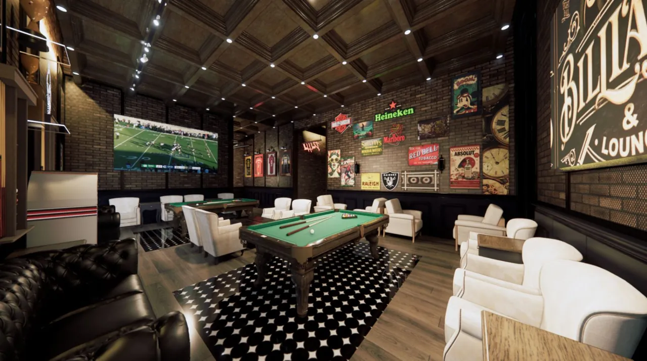 Billiards lounge with pool tables, upholstered seating, brick walls, and a coffered timber ceiling
